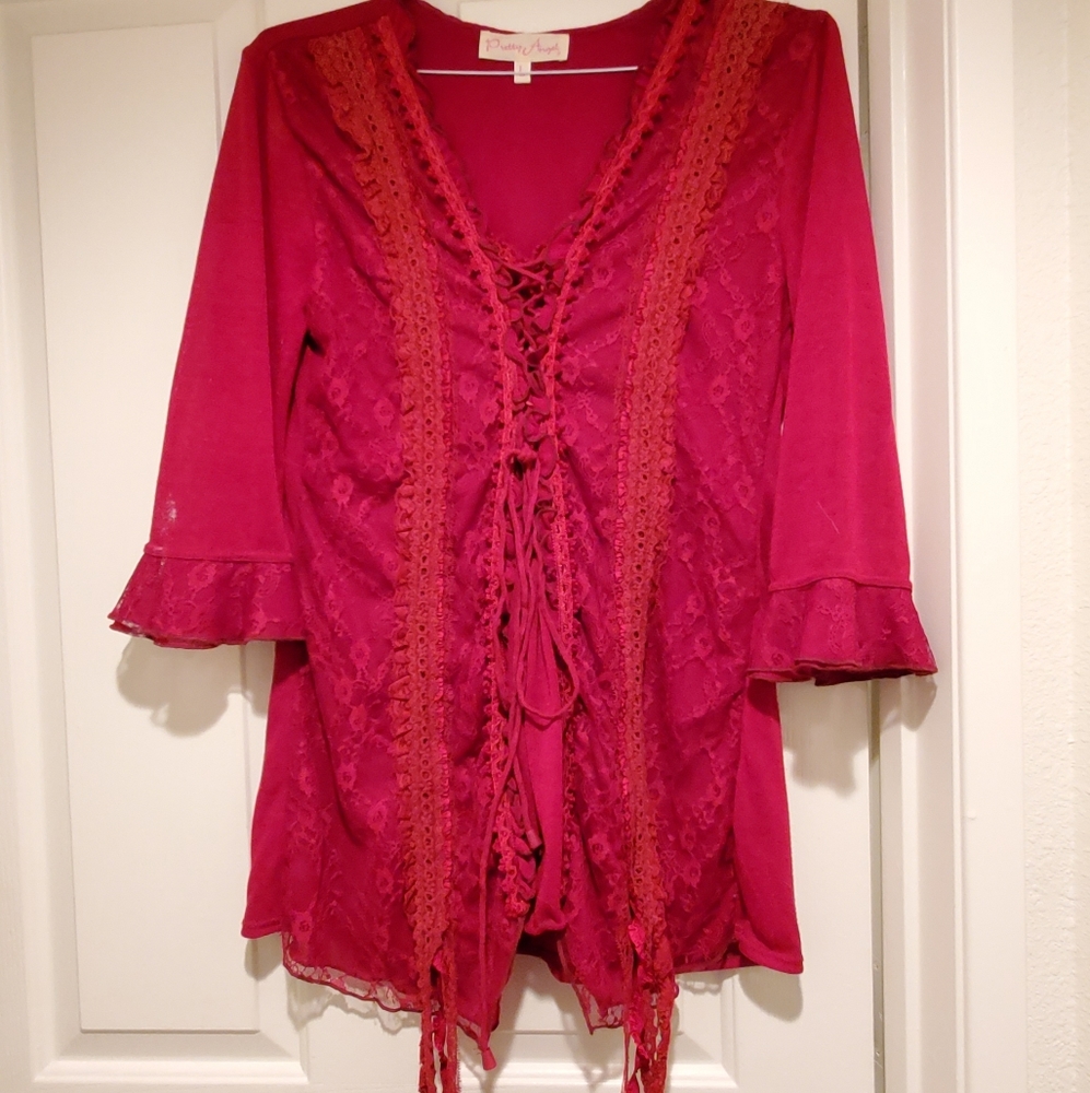 Women's Lace-Accent Linen Blend Peasant Top